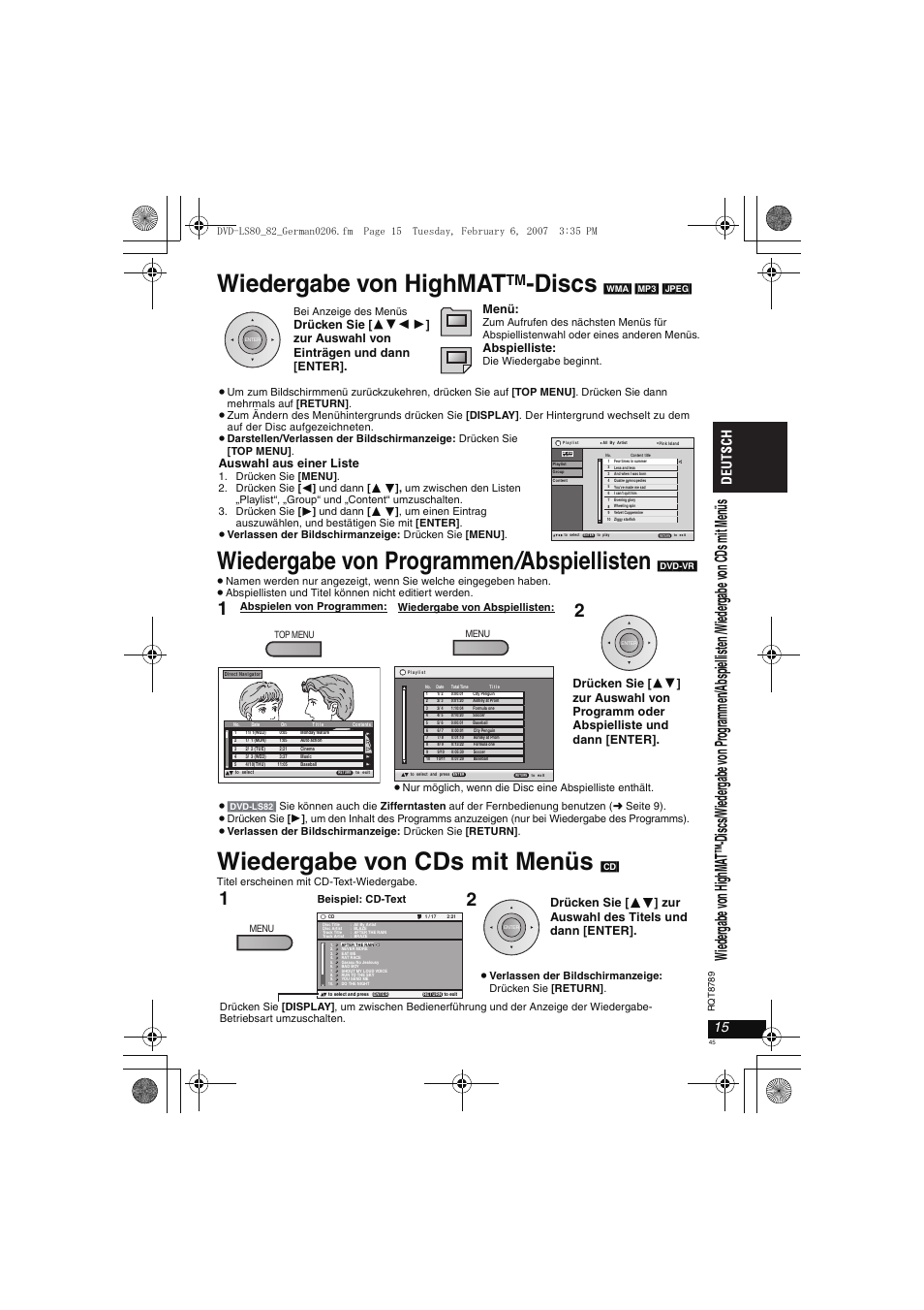 Wiedergabe von highmat, Discs, Wiedergabe von programmen / abspiellisten | Wiedergabe von cds mit menüs, Abspielliste, Auswahl aus einer liste | Panasonic DVDLS82 User Manual | Page 45 / 192