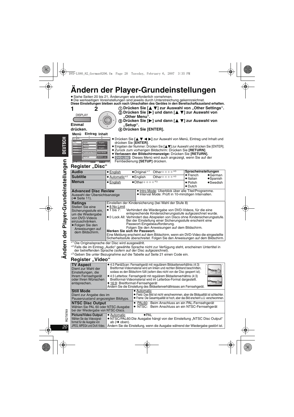 Ändern der player-grundeinstellungen, Änder n der pl a y er -gr undeins tel lungen, Register „disc | Register „video | Panasonic DVDLS82 User Manual | Page 50 / 192