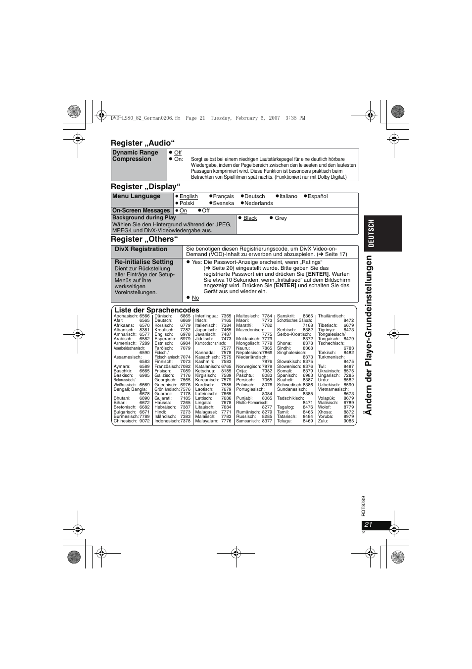 Änder n der pl a y er -gr undeins tel lungen, Liste der sprachencodes | Panasonic DVDLS82 User Manual | Page 51 / 192