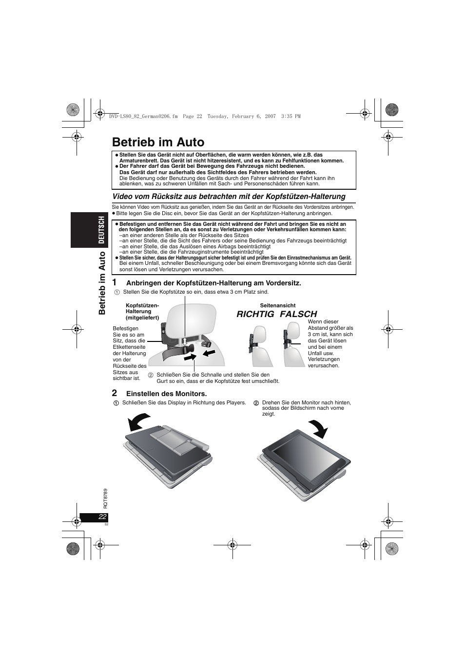 Betrieb im auto, Richtig falsch, Be tri eb im a u to | Panasonic DVDLS82 User Manual | Page 52 / 192