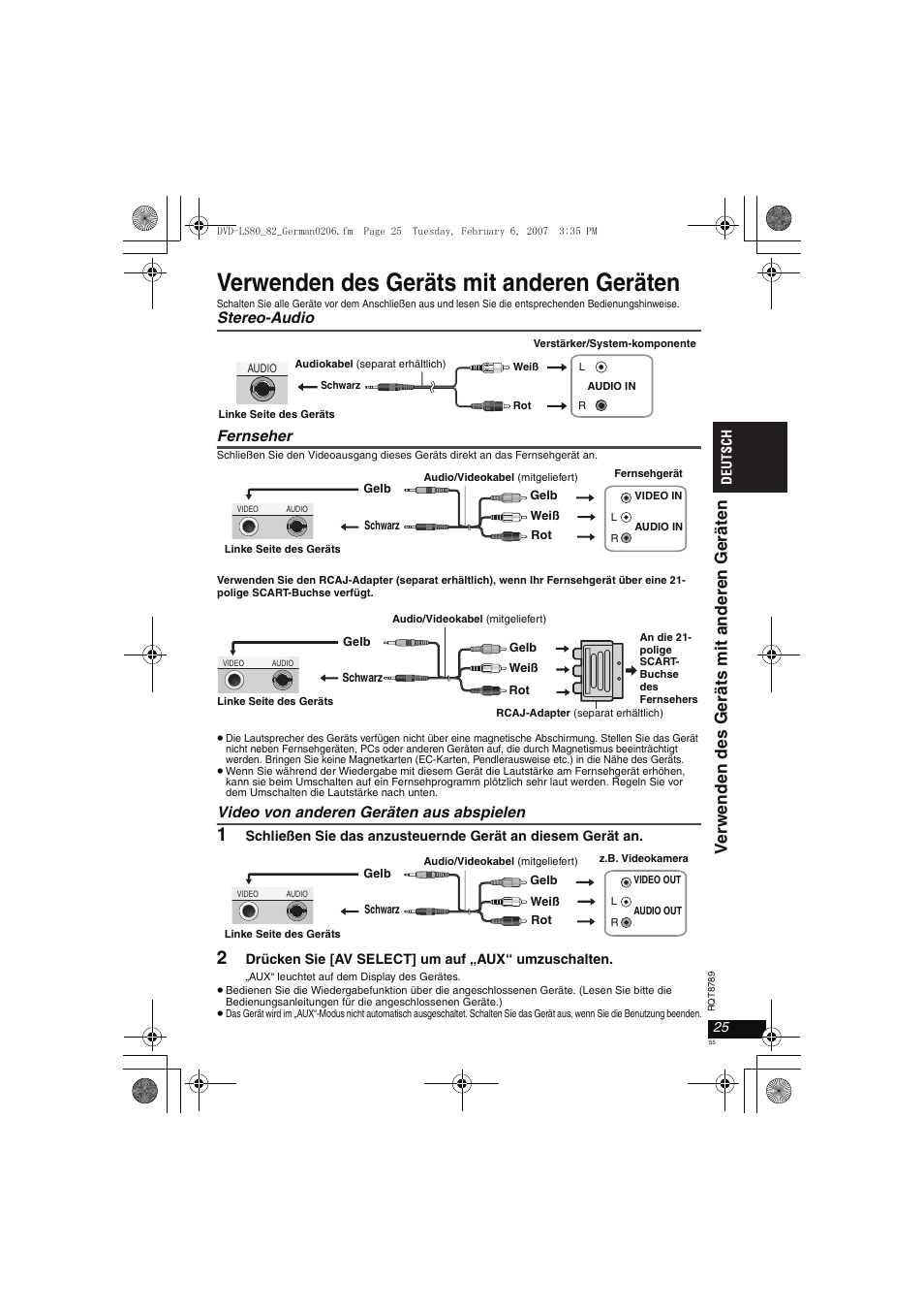 Verwenden des geräts mit anderen geräten, Ve rwenden des g e rä ts mit and eren g e rät e n | Panasonic DVDLS82 User Manual | Page 55 / 192