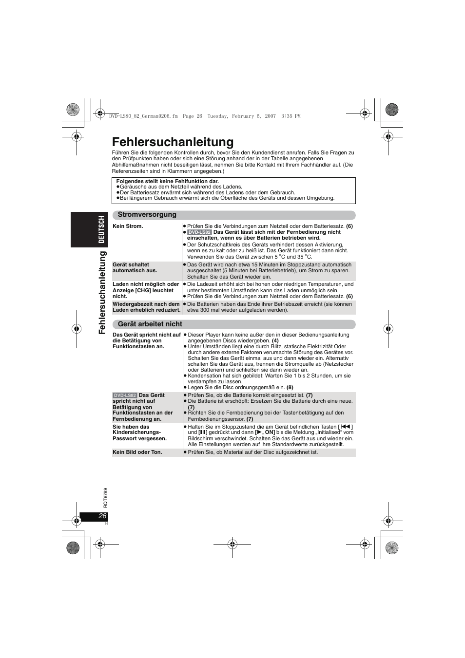 Fehlersuchanleitung | Panasonic DVDLS82 User Manual | Page 56 / 192