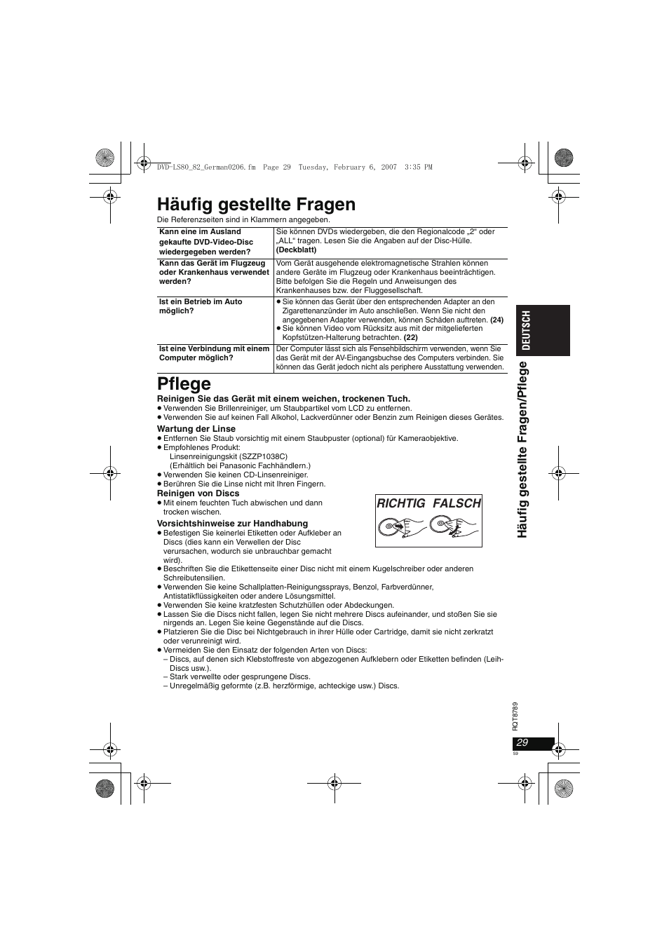 Häufig gestellte fragen, Pflege | Panasonic DVDLS82 User Manual | Page 59 / 192