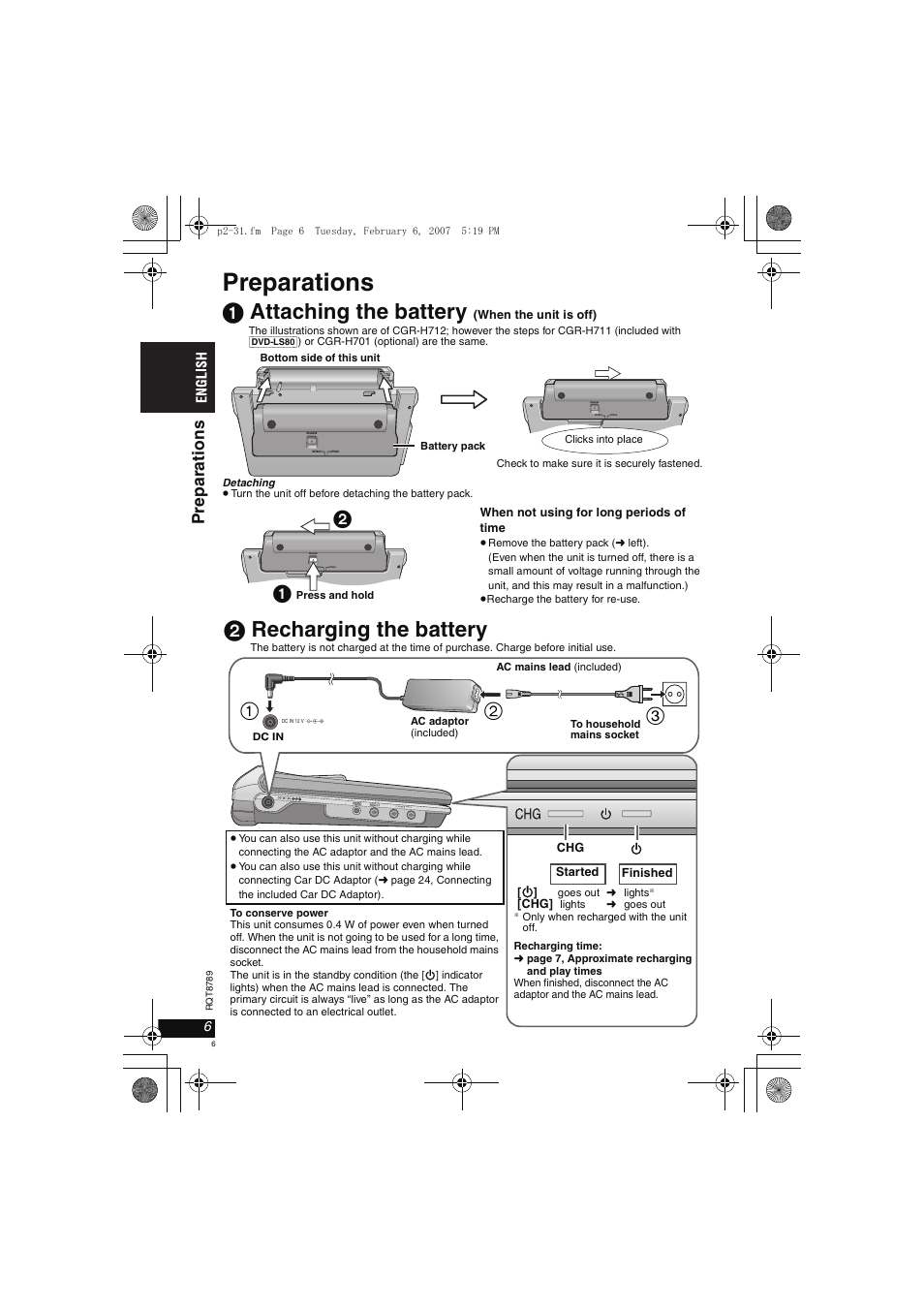 Preparations, 1 attaching the battery, 2 recharging the battery | Pre parat ions | Panasonic DVDLS82 User Manual | Page 6 / 192