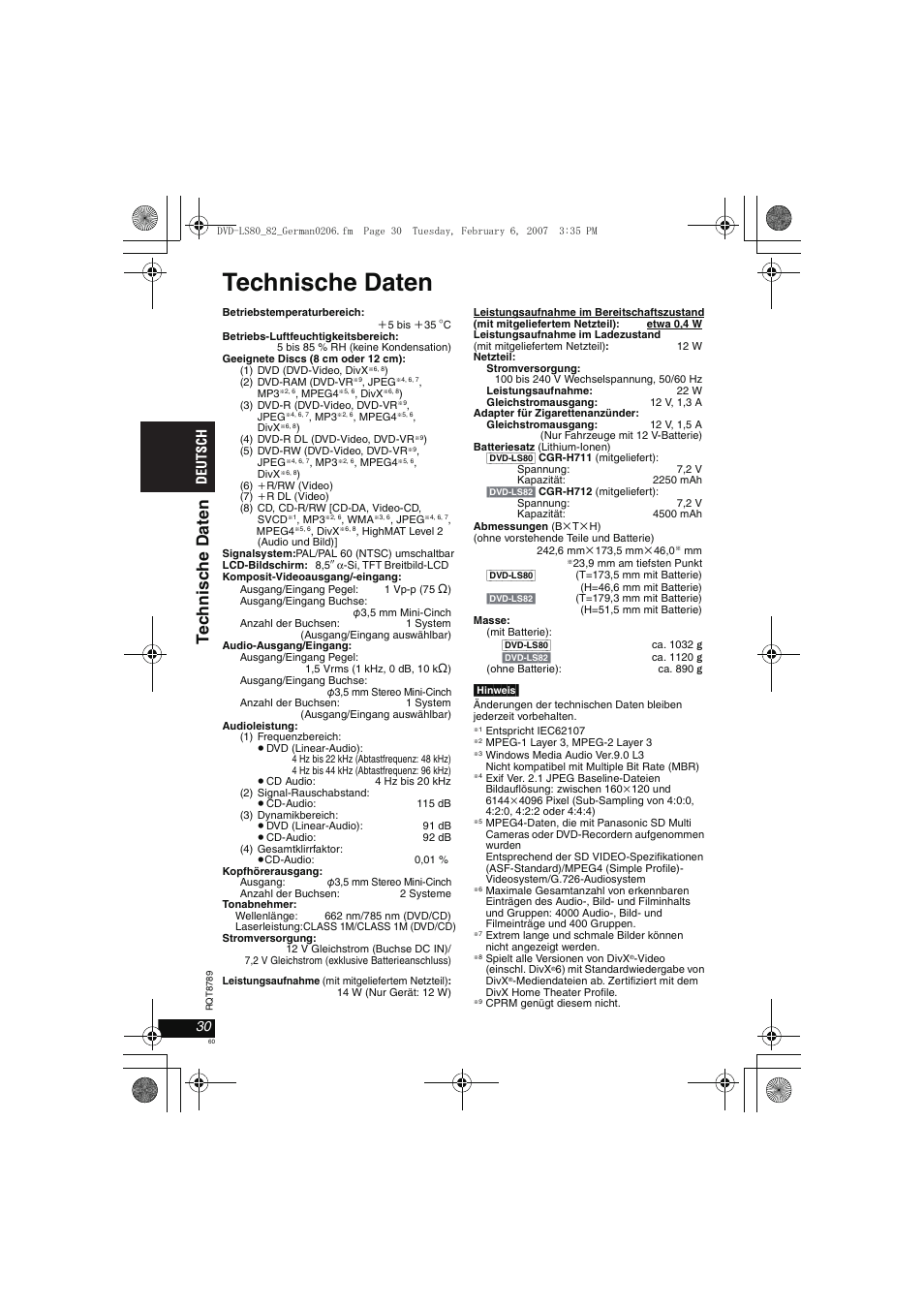 Technische daten, Te c hnisc he dat e n | Panasonic DVDLS82 User Manual | Page 60 / 192