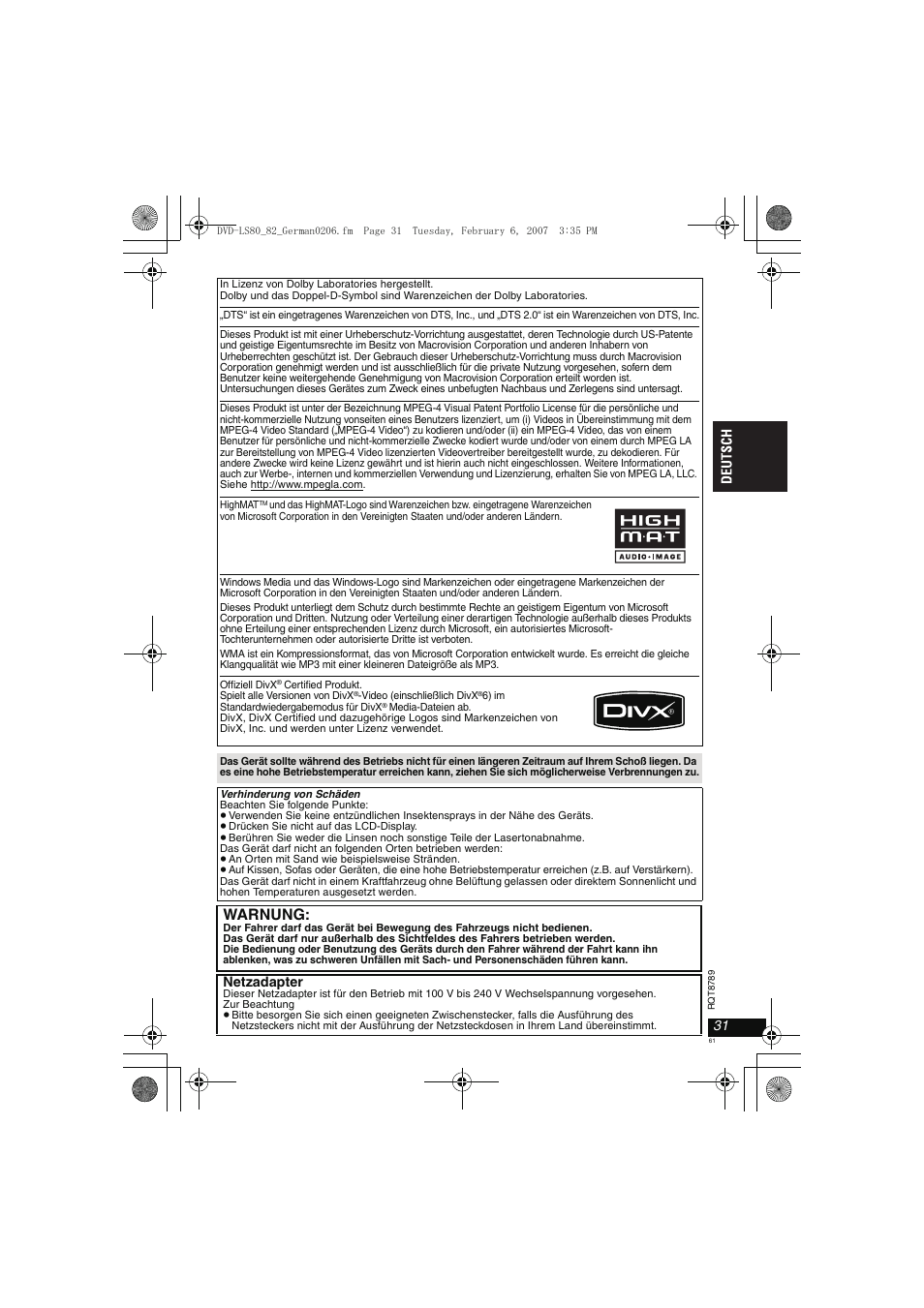 Warnung, Netzadapter | Panasonic DVDLS82 User Manual | Page 61 / 192