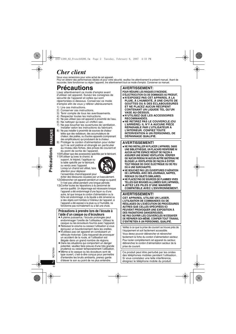 Cher client, Précautions, Préc auti ons | Panasonic DVDLS82 User Manual | Page 62 / 192