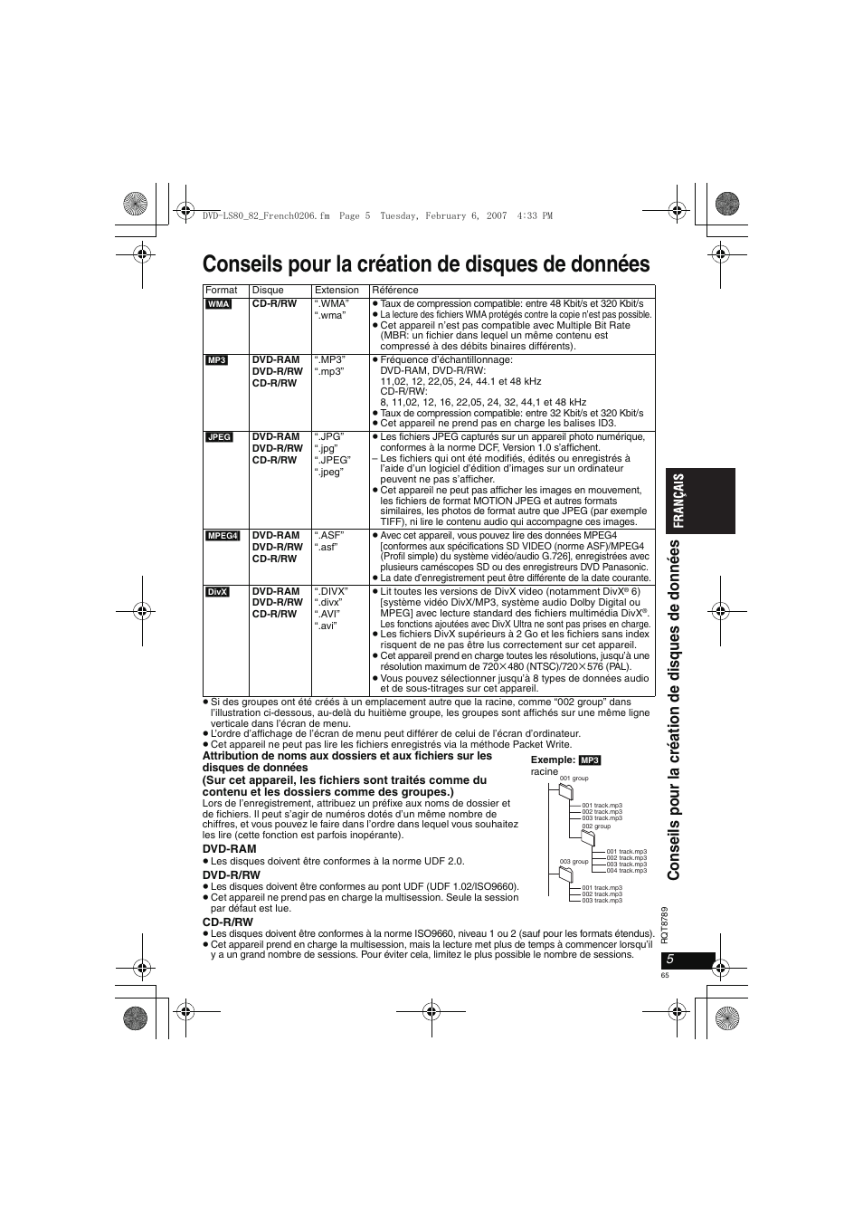 Conseils pour la création de disques de données | Panasonic DVDLS82 User Manual | Page 65 / 192