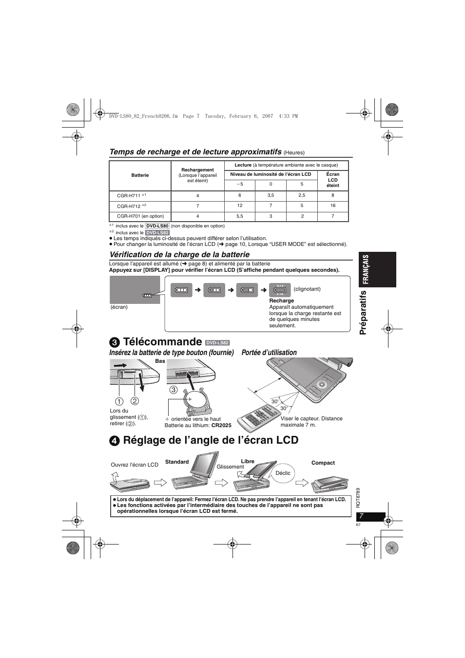 3 télécommande, 4 réglage de l’angle de l’écran lcd, Pr éparat if s | Temps de recharge et de lecture approximatifs, Vérification de la charge de la batterie | Panasonic DVDLS82 User Manual | Page 67 / 192