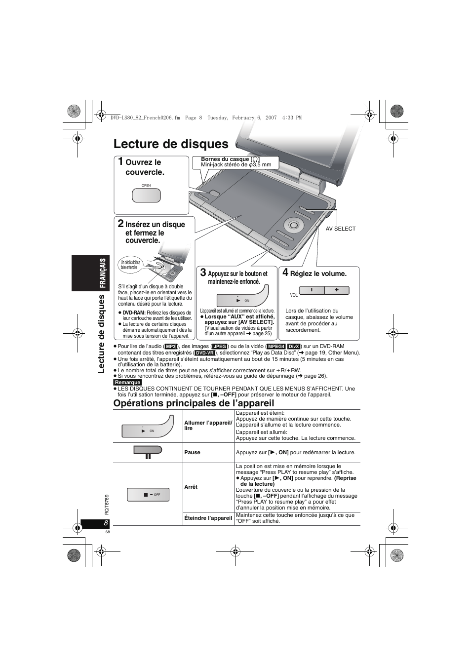 Lecture de disques, Opérations principales de l’appareil, Lectur e de di sques | Panasonic DVDLS82 User Manual | Page 68 / 192