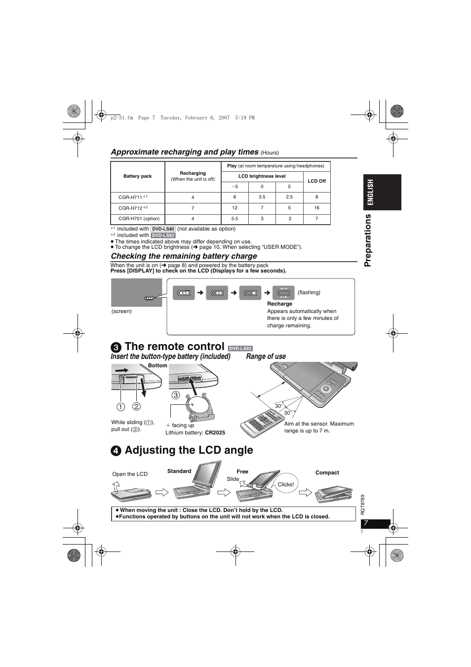 3 the remote control, 4 adjusting the lcd angle, Pre parat ions | Approximate recharging and play times, Checking the remaining battery charge | Panasonic DVDLS82 User Manual | Page 7 / 192