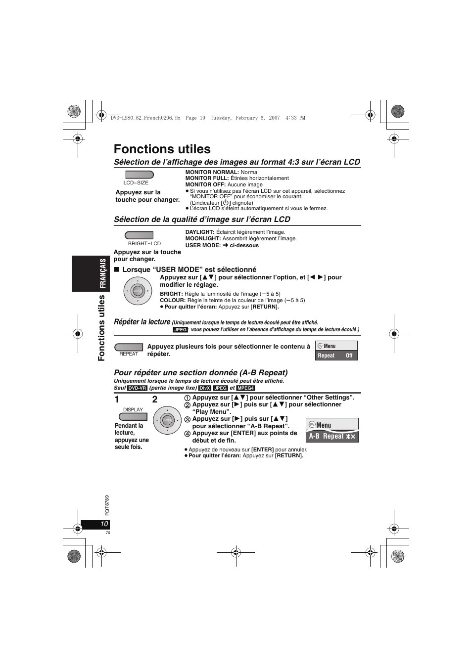 Fonctions utiles, Fonct ion s ut il es | Panasonic DVDLS82 User Manual | Page 70 / 192