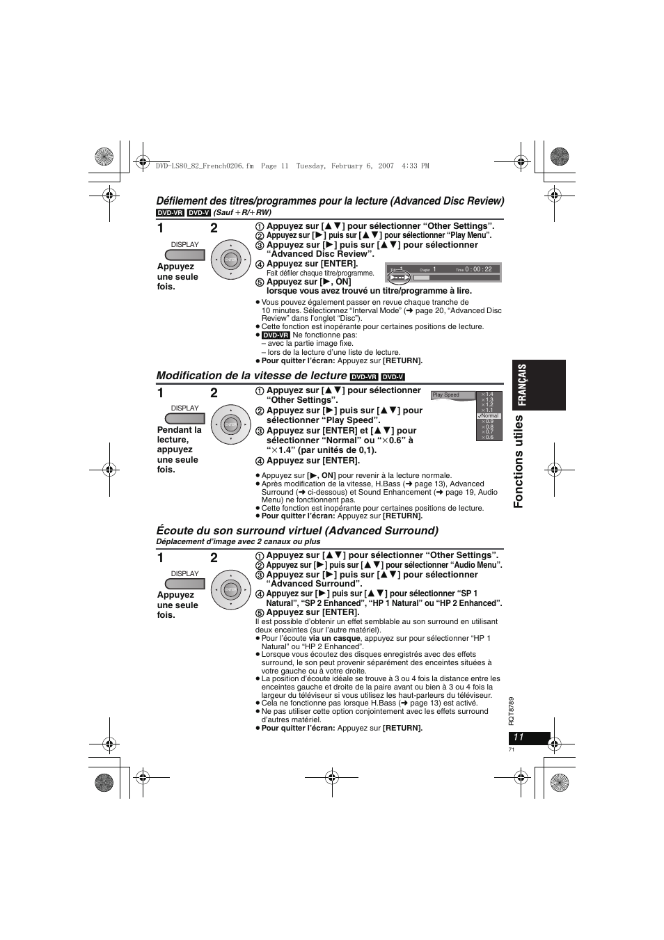 Fonct ion s ut il es, Modification de la vitesse de lecture, Écoute du son surround virtuel (advanced surround) | Panasonic DVDLS82 User Manual | Page 71 / 192