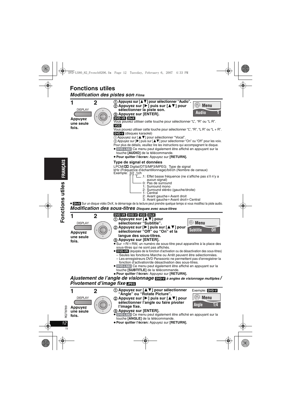 Fonctions utiles, Fonct ion s ut il es | Panasonic DVDLS82 User Manual | Page 72 / 192