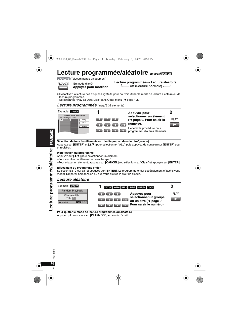 Lecture programmée/aléatoire, Lect ure pr ogr am mée/ aléat oi re, Lecture programmée | Lecture aléatoire | Panasonic DVDLS82 User Manual | Page 74 / 192