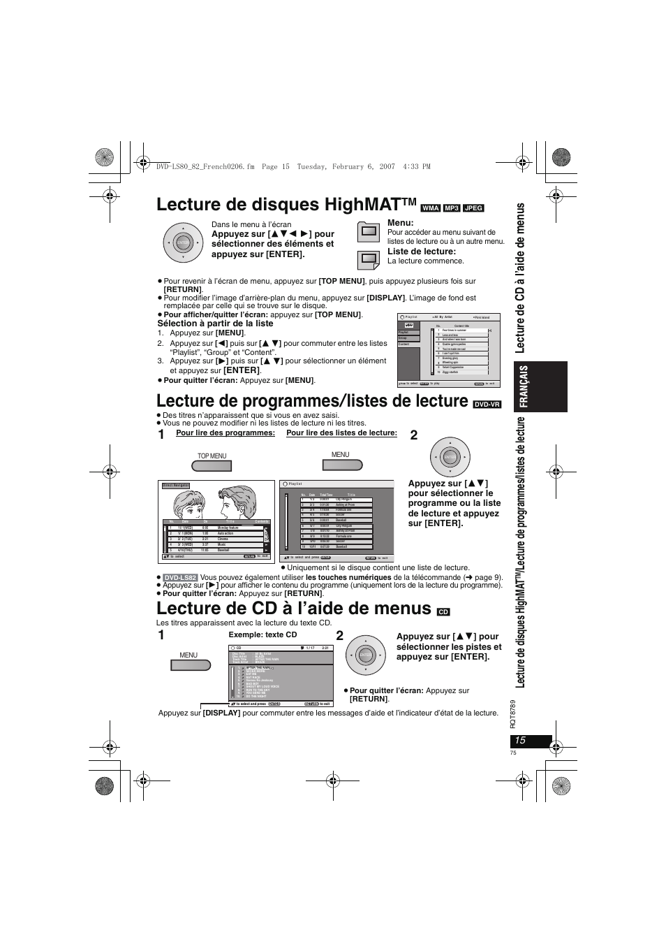 Lecture de disques highmat, Lecture de programmes / listes de lecture, Lecture de cd à l’aide de menus | Liste de lecture, Sélection à partir de la liste, Enter | Panasonic DVDLS82 User Manual | Page 75 / 192