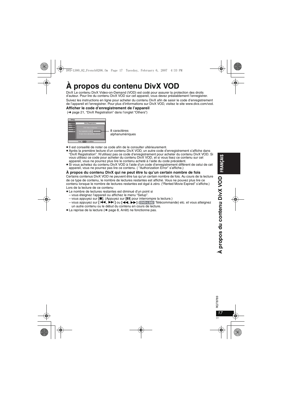 À propos du contenu divx vod, À pr opos du c onten u divx v o d | Panasonic DVDLS82 User Manual | Page 77 / 192