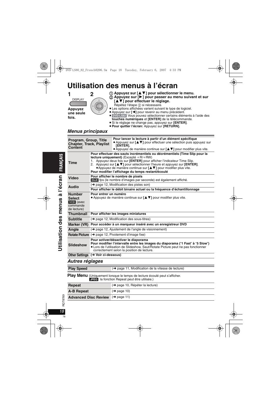 Utilisation des menus à l’écran, Ut il is ati on de s men us à l ’écr an | Panasonic DVDLS82 User Manual | Page 78 / 192