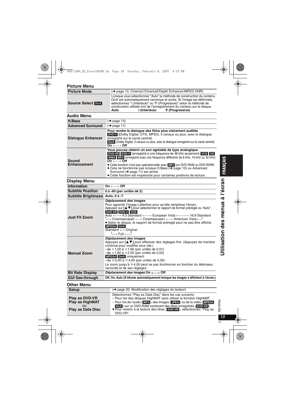 Ut il is ati on de s men us à l ’écr an | Panasonic DVDLS82 User Manual | Page 79 / 192