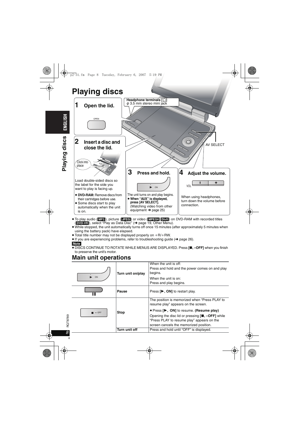 Playing discs, Main unit operations, Pla y ing discs | Panasonic DVDLS82 User Manual | Page 8 / 192