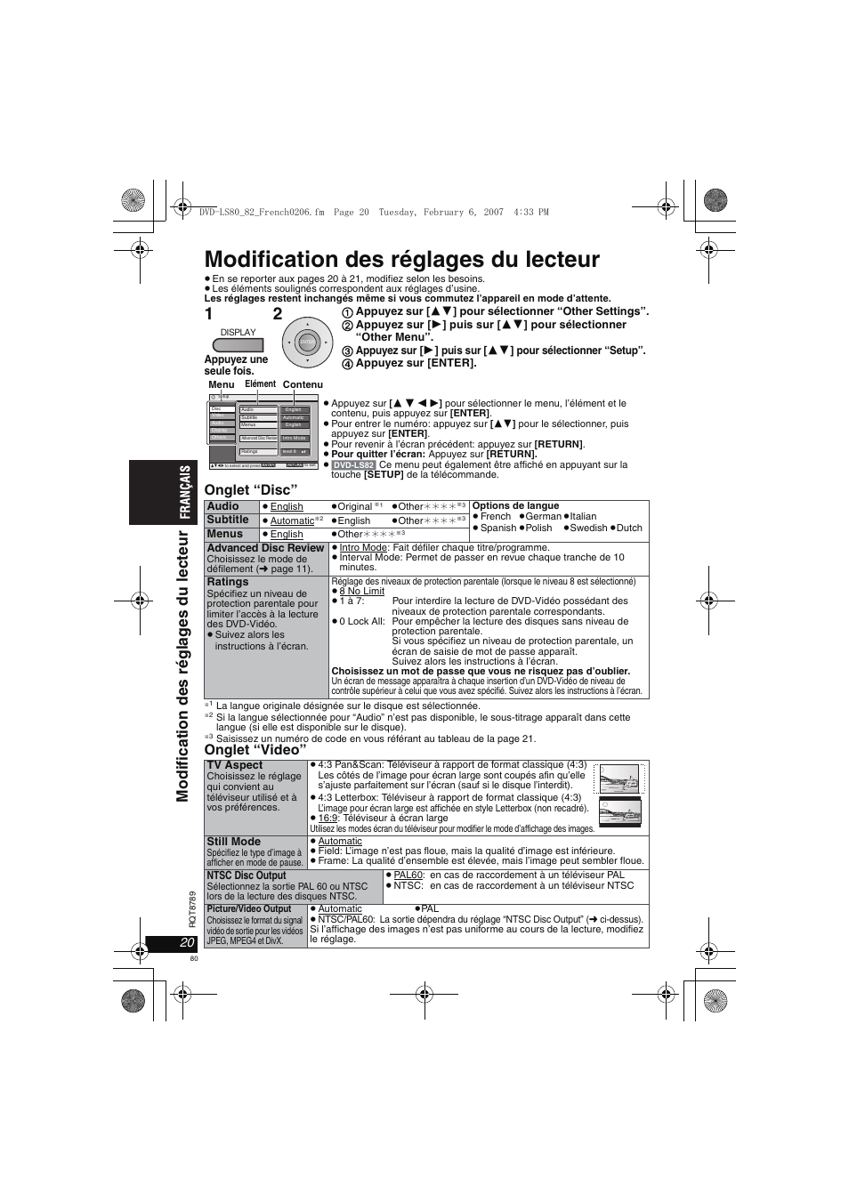 Modification des réglages du lecteur, Modi fi cat ion des régl a g es du lecte u r, Onglet “disc | Onglet “video | Panasonic DVDLS82 User Manual | Page 80 / 192