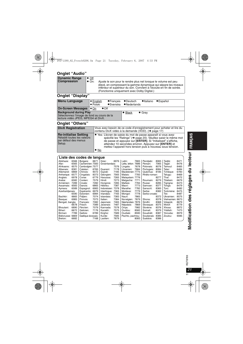 Modi fi cat ion des régl a g es du lecte u r, Onglet “audio” onglet “display” onglet “others, Liste des codes de langue | Panasonic DVDLS82 User Manual | Page 81 / 192