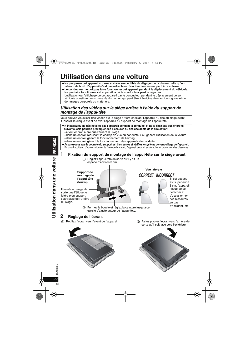 Utilisation dans une voiture, Correct incorrect, Uti li sat ion dans une v o it u re | Panasonic DVDLS82 User Manual | Page 82 / 192