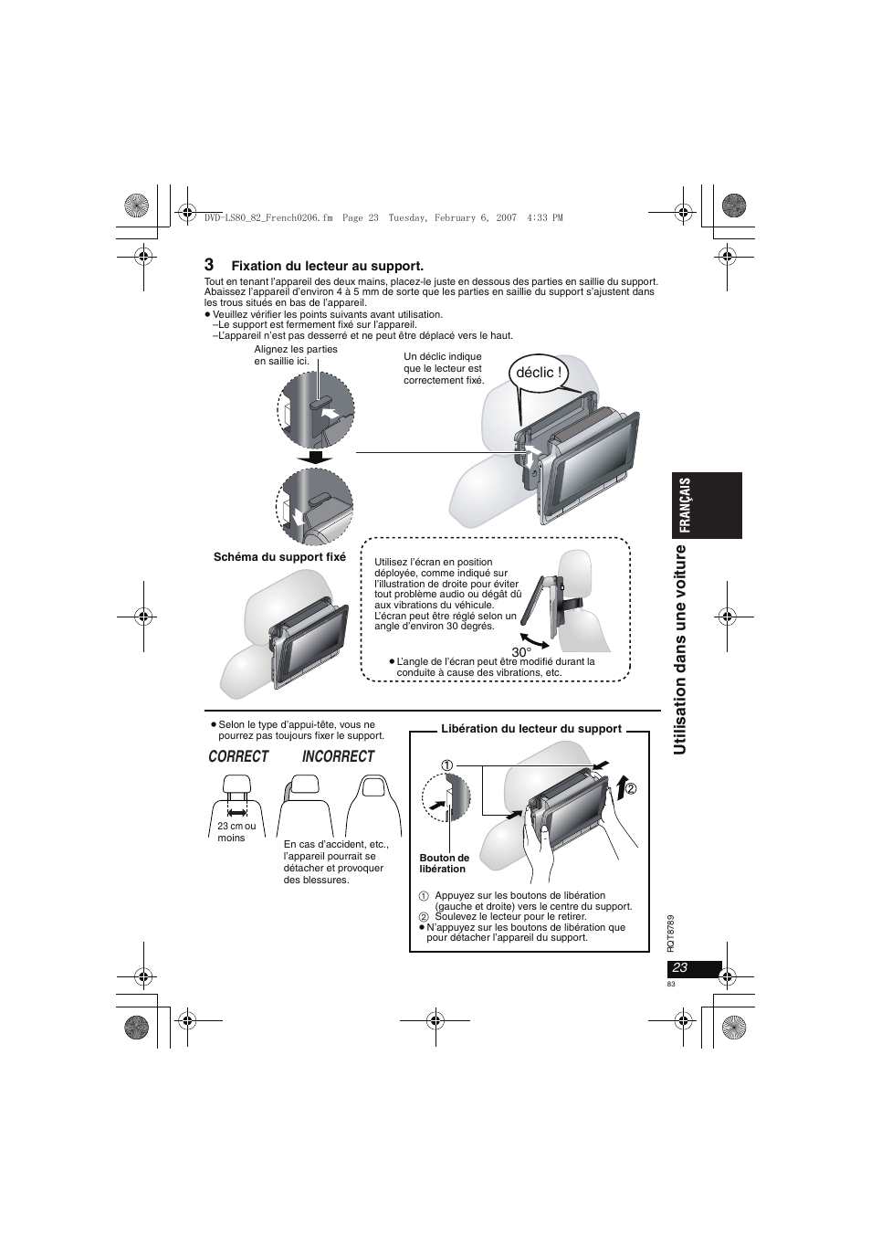 Correct incorrect, Uti li sat ion dans une v o it u re | Panasonic DVDLS82 User Manual | Page 83 / 192