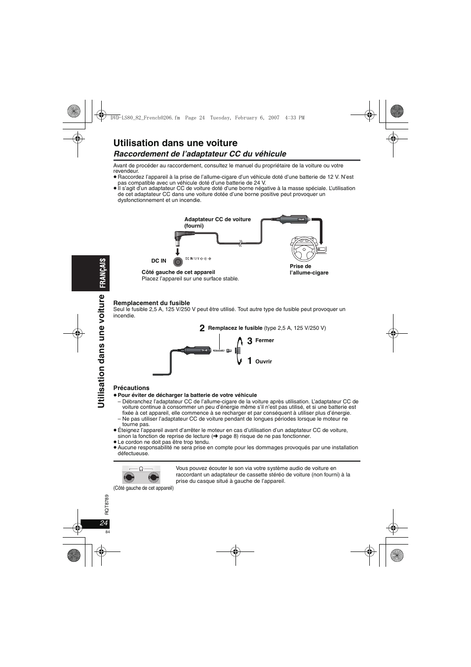 Utilisation dans une voiture, Uti li sat ion dans une v o it u re | Panasonic DVDLS82 User Manual | Page 84 / 192