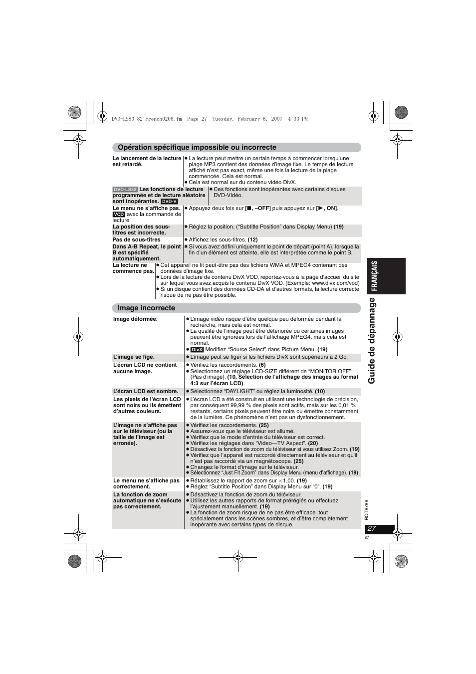 Gu ide de dép anna g e | Panasonic DVDLS82 User Manual | Page 87 / 192