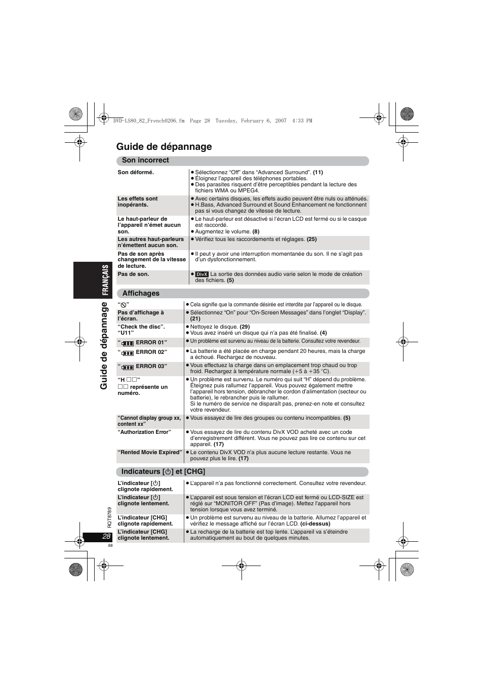 Guide de dépannage, Gu ide de dép anna g e | Panasonic DVDLS82 User Manual | Page 88 / 192