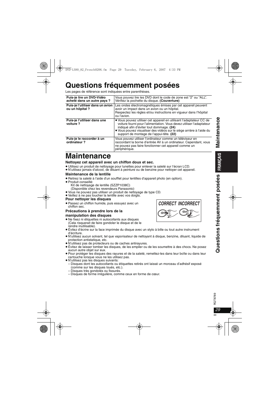 Questions fréquemment posées, Maintenance | Panasonic DVDLS82 User Manual | Page 89 / 192