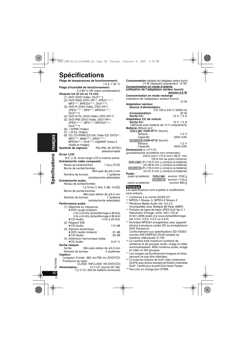 Spécifications, Spécif icati ons | Panasonic DVDLS82 User Manual | Page 90 / 192