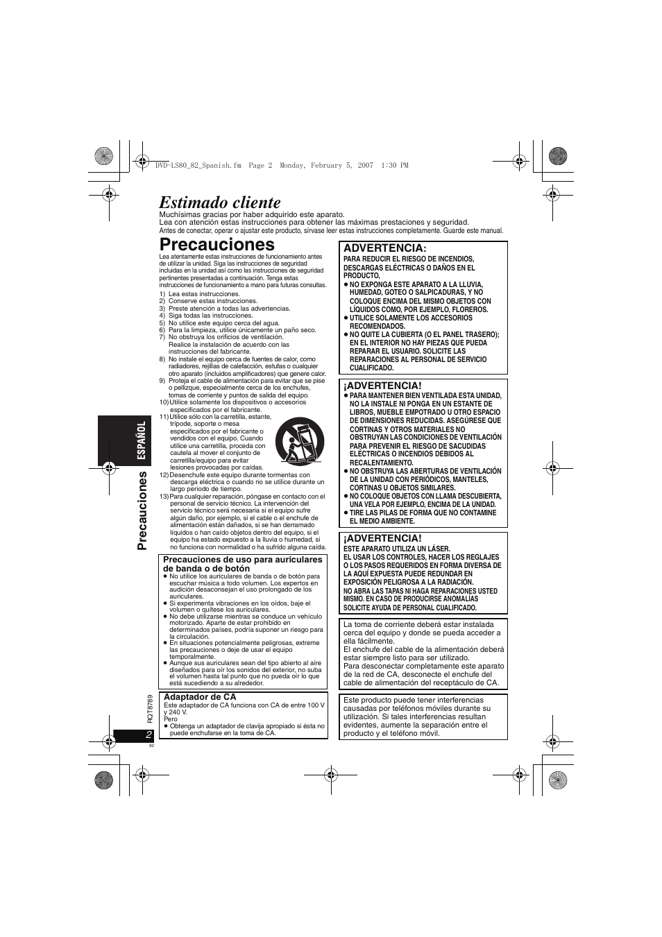 Estimado cliente, Precauciones, Precauci ones | Advertencia | Panasonic DVDLS82 User Manual | Page 92 / 192