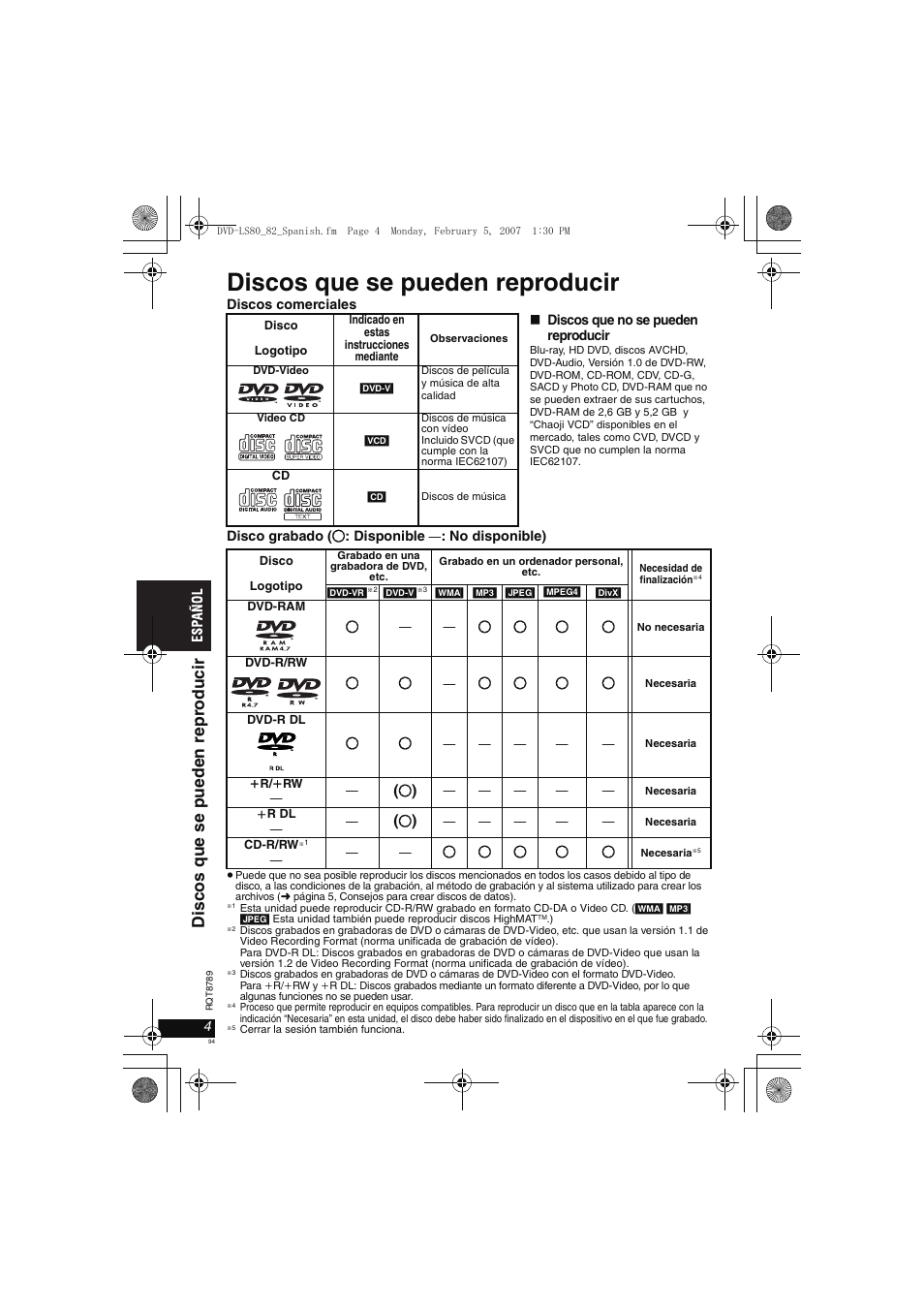 Discos que se pueden reproducir, Di scos que s e puede n r epr oduci r | Panasonic DVDLS82 User Manual | Page 94 / 192