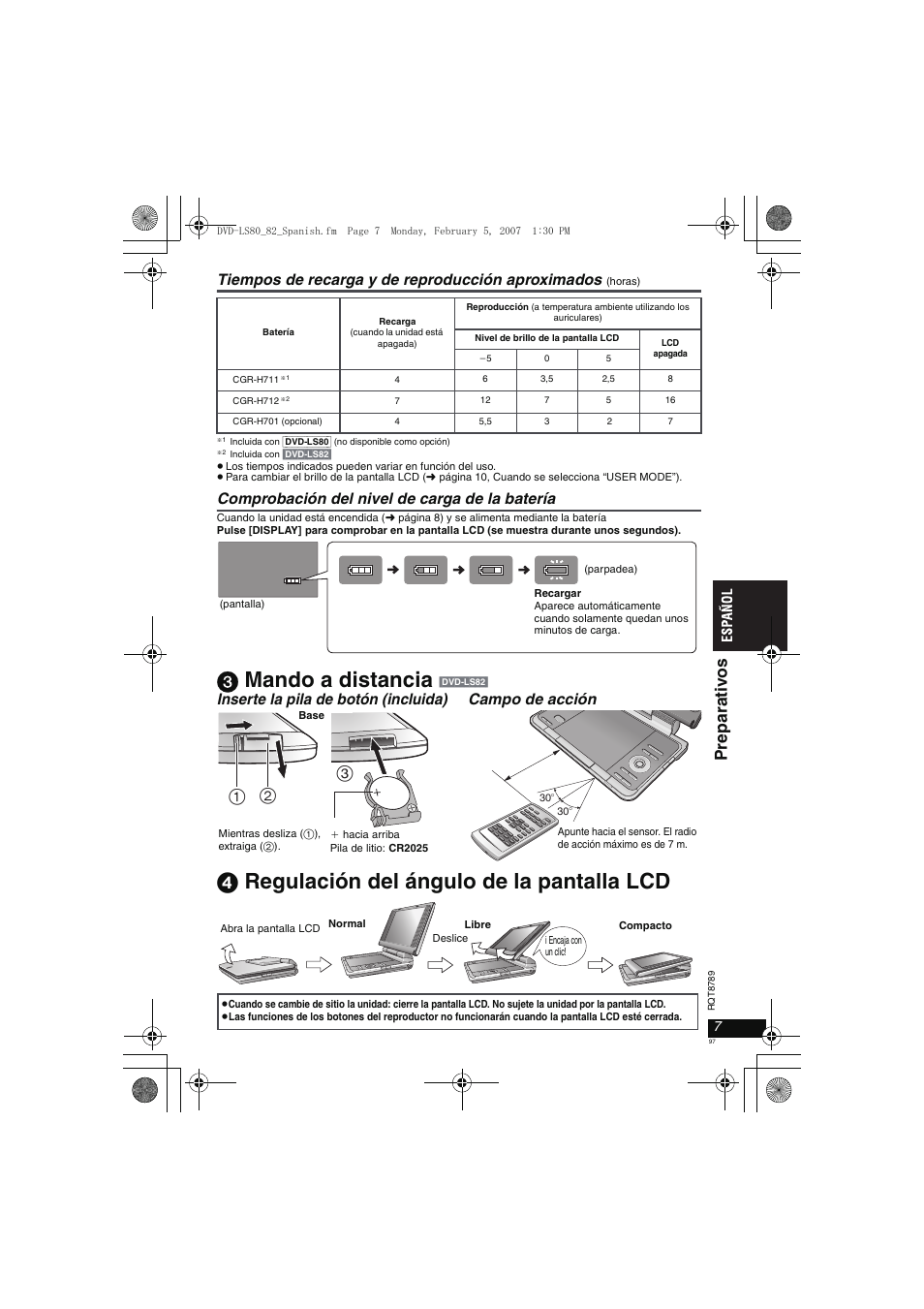 3 mando a distancia, 4 regulación del ángulo de la pantalla lcd, Prepa rat iv o s | Tiempos de recarga y de reproducción aproximados, Comprobación del nivel de carga de la batería | Panasonic DVDLS82 User Manual | Page 97 / 192