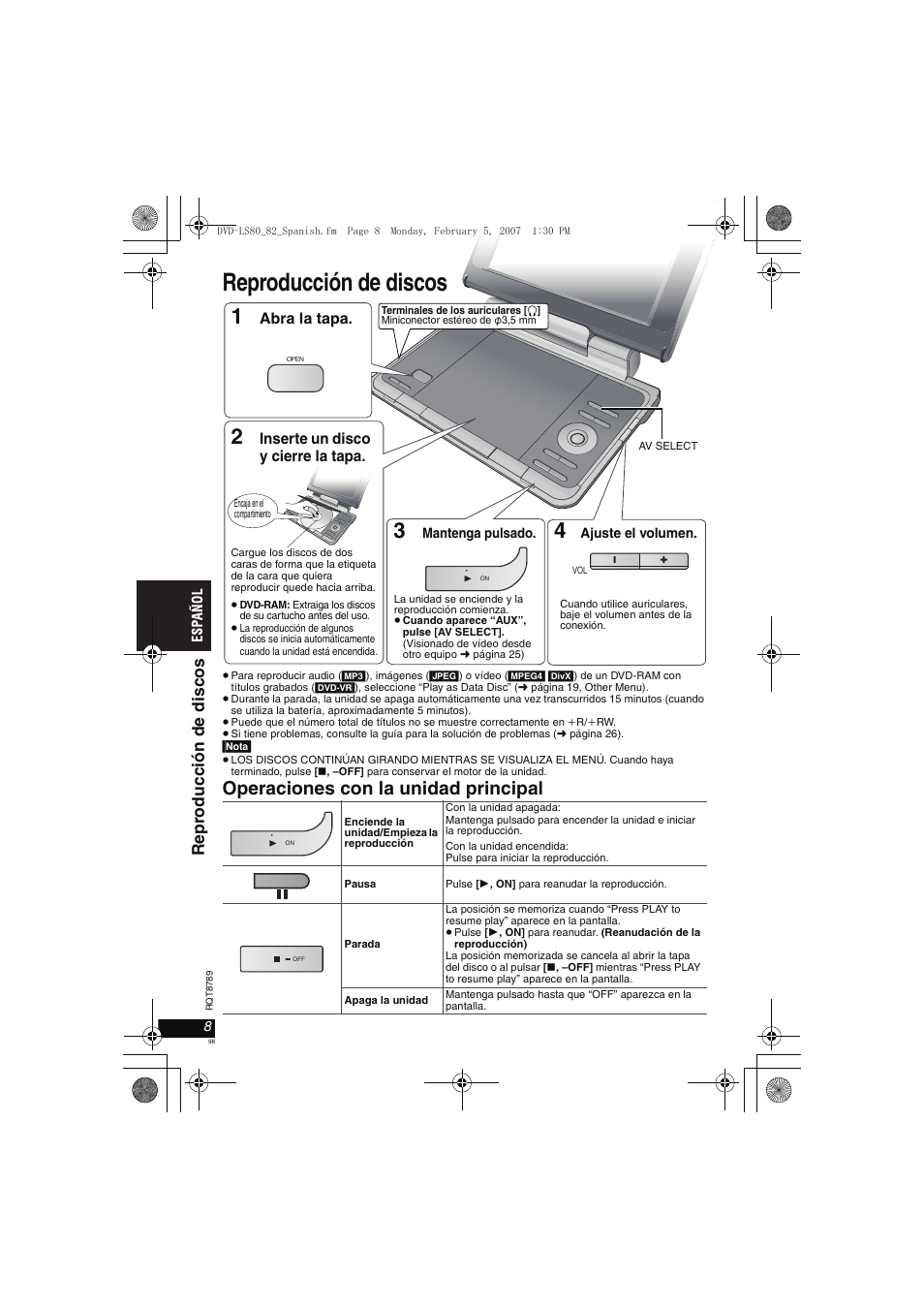 Reproducción de discos, Operaciones con la unidad principal, Repr oducci ón d e di scos | Panasonic DVDLS82 User Manual | Page 98 / 192