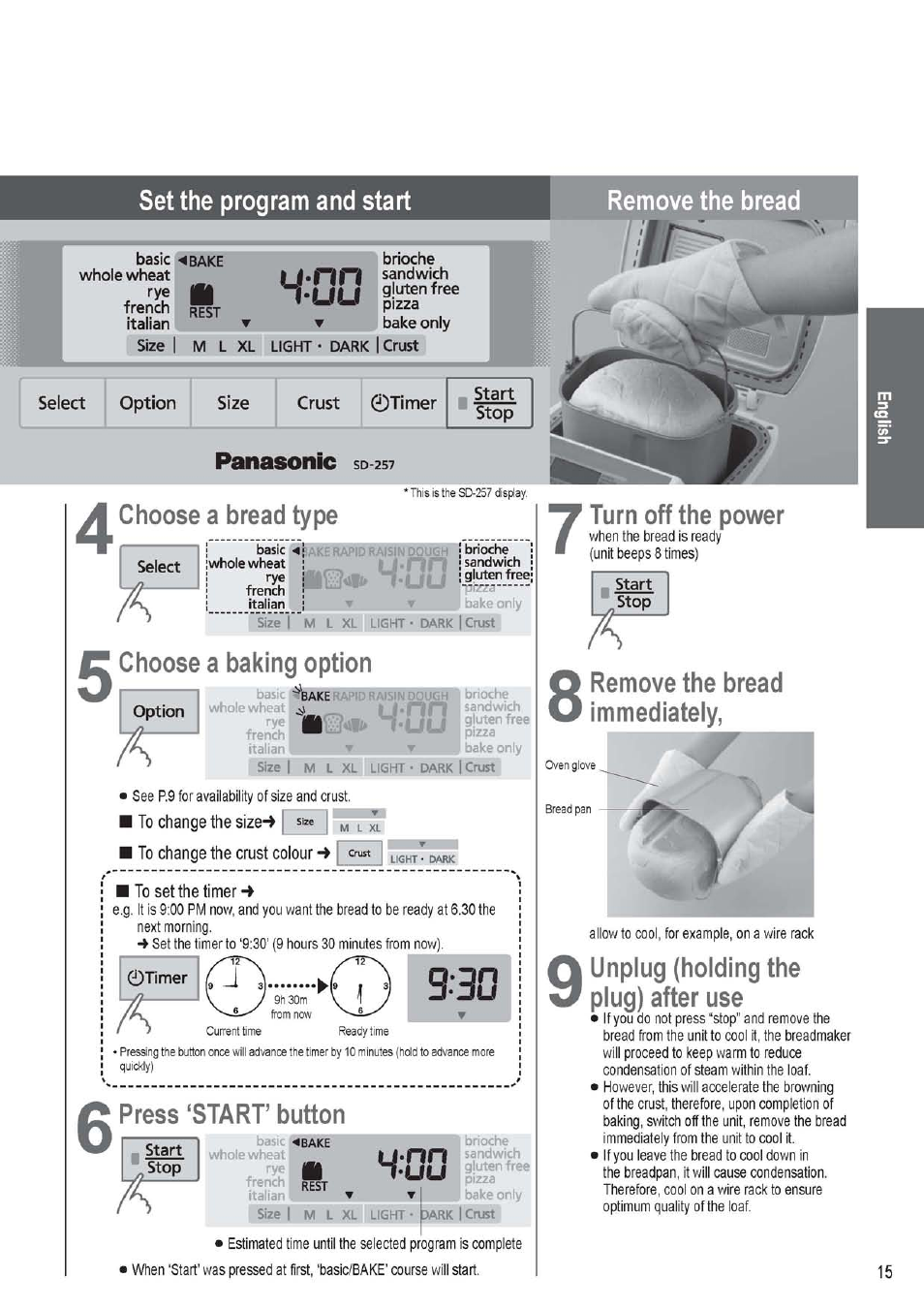 Set the program and start, Remove the bread, Select option size crust 0timer | Choose a bread type, Choose a baking option, Option, To change the size, To change the crust colour | c^ust, B to set the timer, Press ‘start’ button | Panasonic SD256WTS User Manual | Page 15 / 94