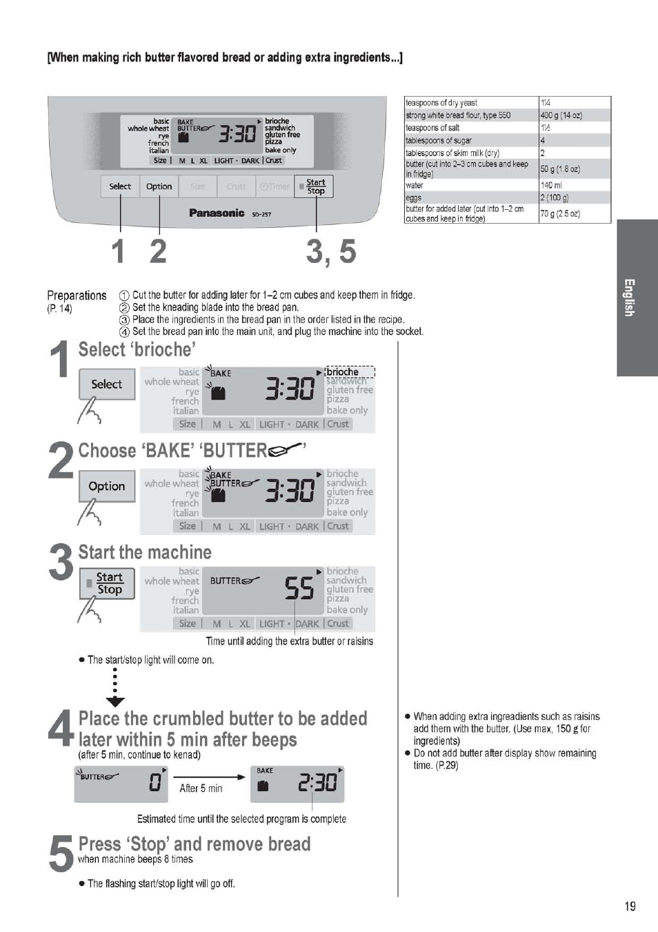 Select ‘brioche, Select, Choose ‘bake’ ‘butter | Option, Start the machine, Start, Press ‘stop’ and remove bread, Panasonic | Panasonic SD256WTS User Manual | Page 19 / 94