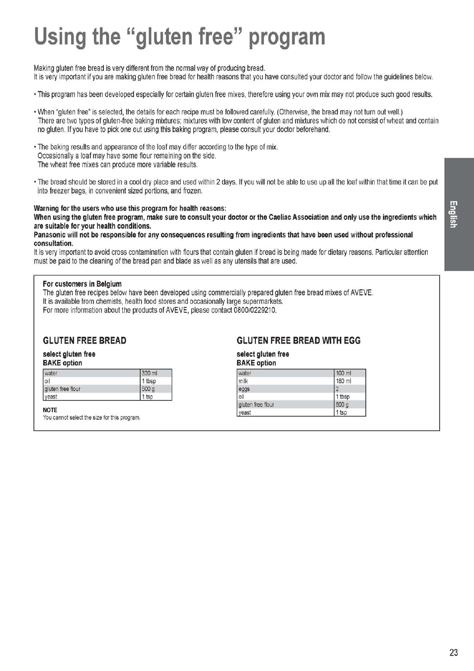 Using the “gluten free” program, Gluten free bread, Gluten free bread with egg | Using the “gluten free" program | Panasonic SD256WTS User Manual | Page 23 / 94