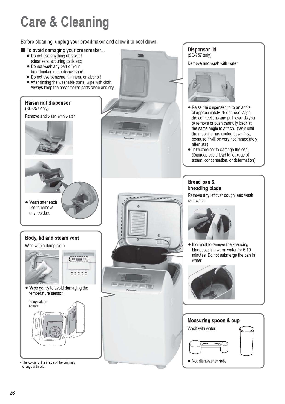 Care & cleaning, To avoid damaging your breadmaker, Raisin nut dispenser | Body, lid and steam vent, Dispenser lid, Measuring spoon & cup | Panasonic SD256WTS User Manual | Page 26 / 94