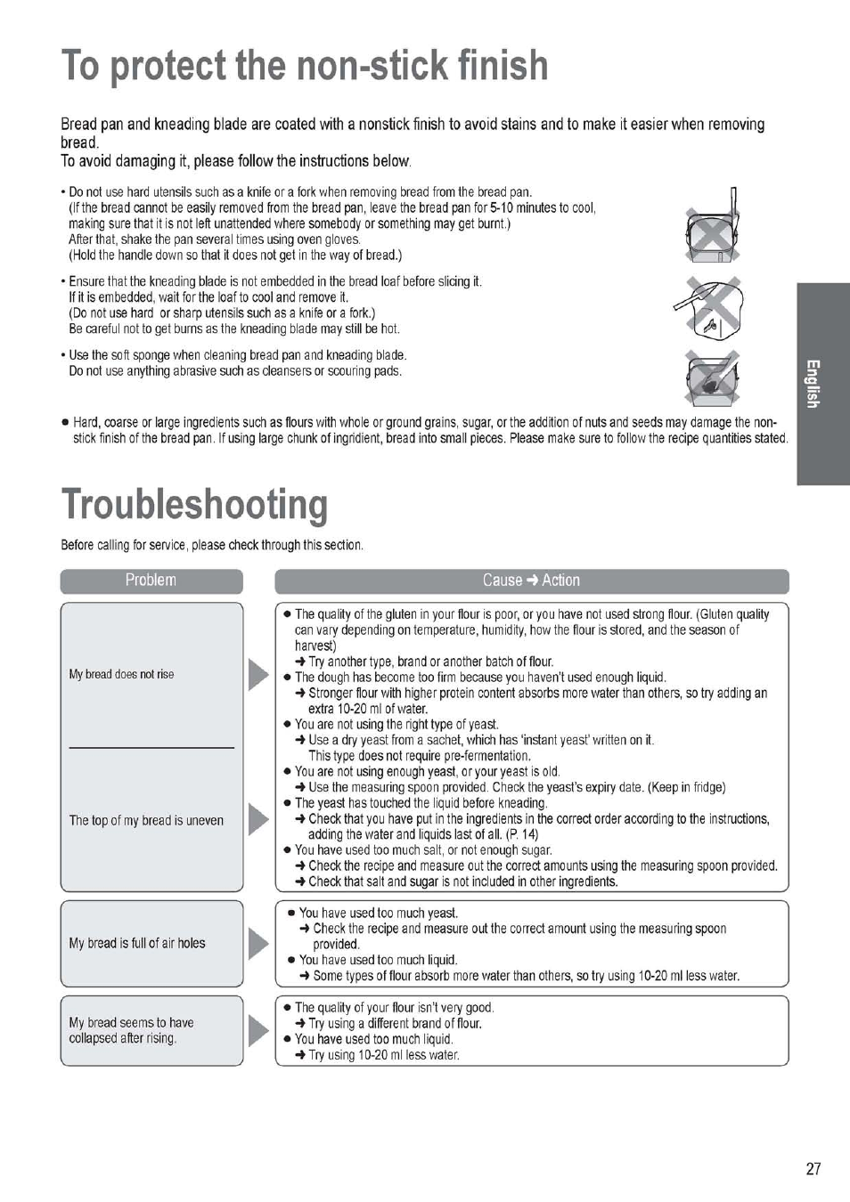 To protect the non-stick finish, Troubleshooting, Cause action | Panasonic SD256WTS User Manual | Page 27 / 94