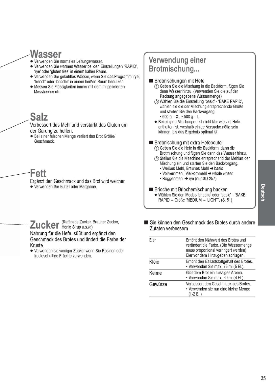 Ergänzt den geschmack und das brot wird weicher, Wasser, Salz | Verwendung einer brotmischung | Panasonic SD256WTS User Manual | Page 35 / 94