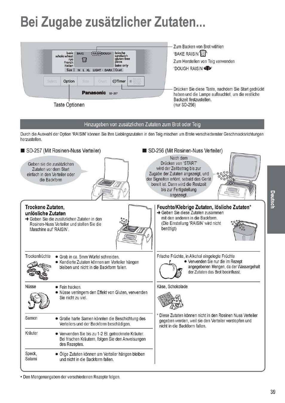 Bei zugabe zusätzlicher zutaten, Sd-257 (mit rosinen-nuss verteiler), I sd-256 (mit rosinen-nuss verteiler) | Trockene zutaten, unlösliche zutaten, Feuchte/klebrige zutaten, lösliche zutaten, Panasonic | Panasonic SD256WTS User Manual | Page 39 / 94