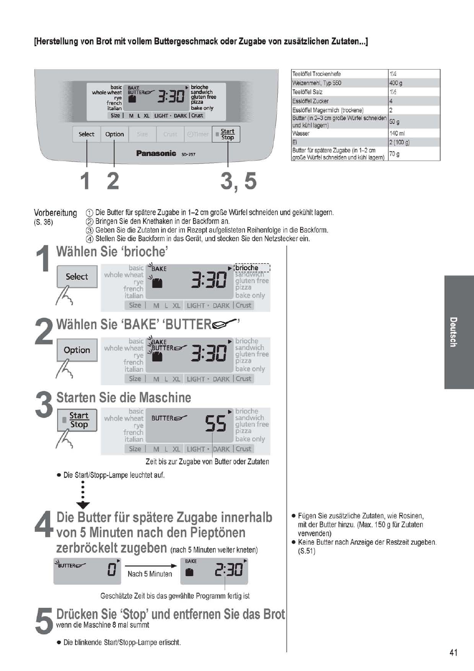 Wählen sie ‘brioche, Wählen sie ‘bake’ ‘butters, Starten sie die maschine | Drücken sie ‘stop’ und entfernen sie das brot, Panasonic | Panasonic SD256WTS User Manual | Page 41 / 94