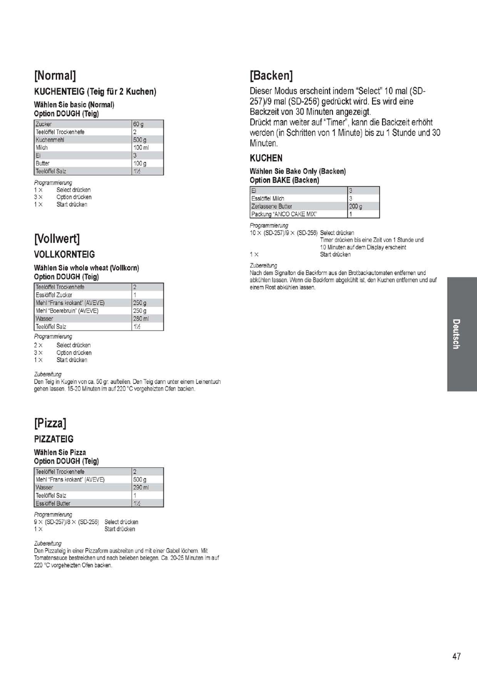 Kuchenteig (teig für 2 kuchen), Vollkornteig, Kuchen | Pizzateig, Normal, Vollwert, Backen, Pizza | Panasonic SD256WTS User Manual | Page 47 / 94