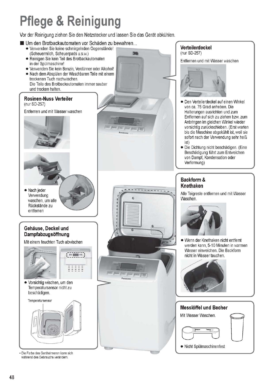 Pflege & reinigung, Um den brotbackautomaten vor schäden zu bewahren, Verteilerdeckel | Rosinen-nuss verteiler, Gehäuse, deckel und dampfabzugsöffnung, Ef^ 1 | Panasonic SD256WTS User Manual | Page 48 / 94