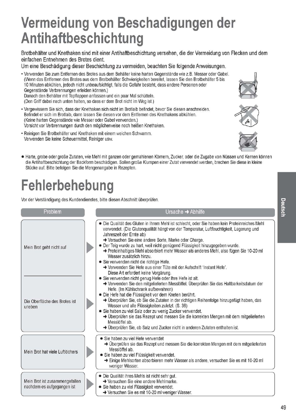 Fehlerbehebung, Ursache abhilfe | Panasonic SD256WTS User Manual | Page 49 / 94