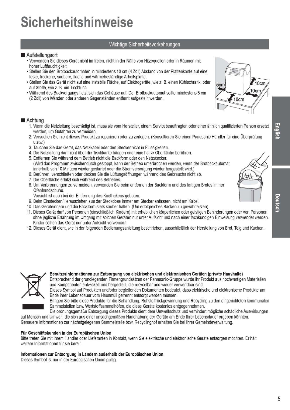 Sicherheitshinweise, Wichtige sicherheitsvorkehrungen, I aufstellungsort | I achtung, Sicherheitshinv/eise | Panasonic SD256WTS User Manual | Page 5 / 94