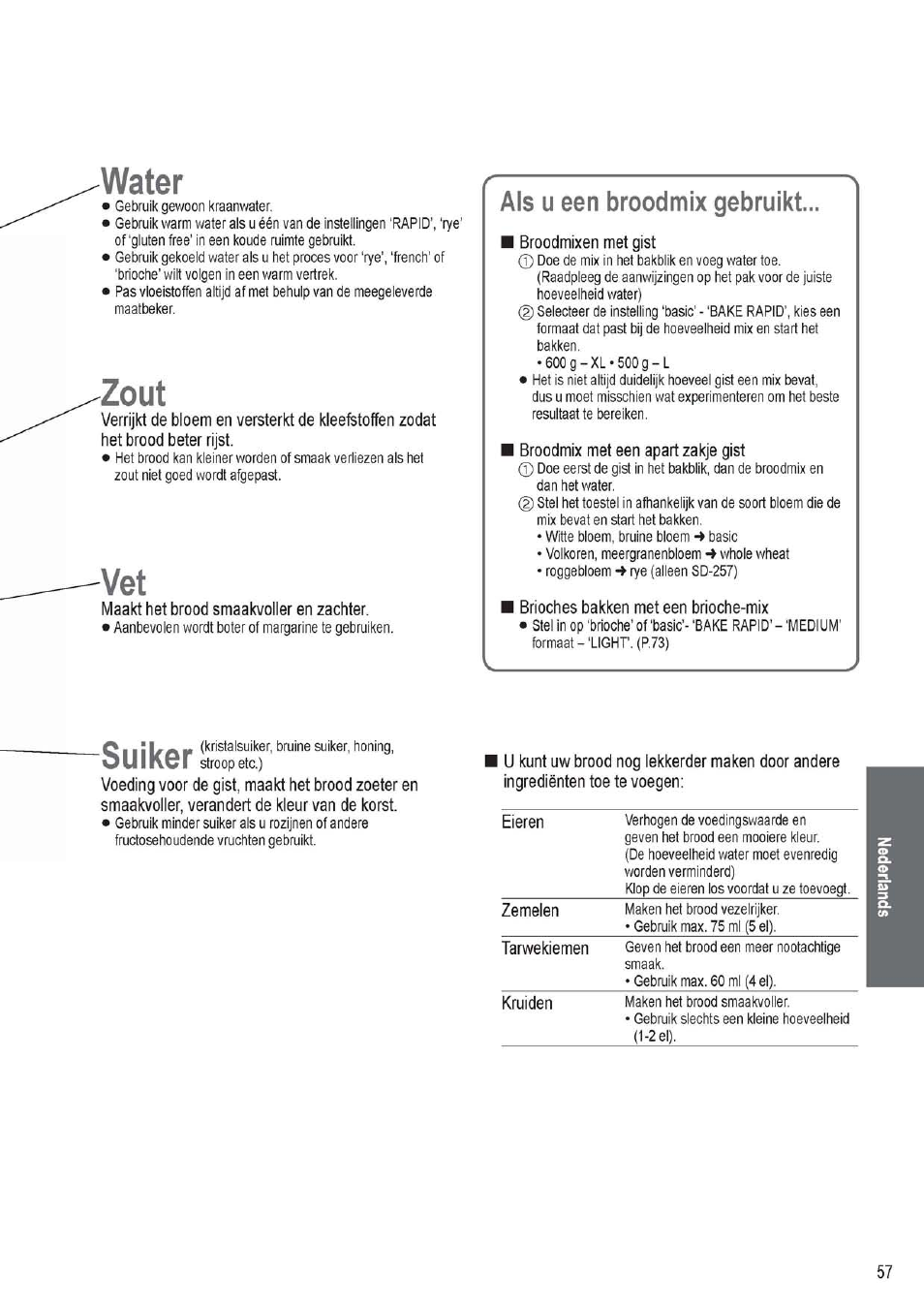 Maakt het brood smaakvoller en zachter, Water, Zout | Als u een broodmix gebruikt | Panasonic SD256WTS User Manual | Page 57 / 94